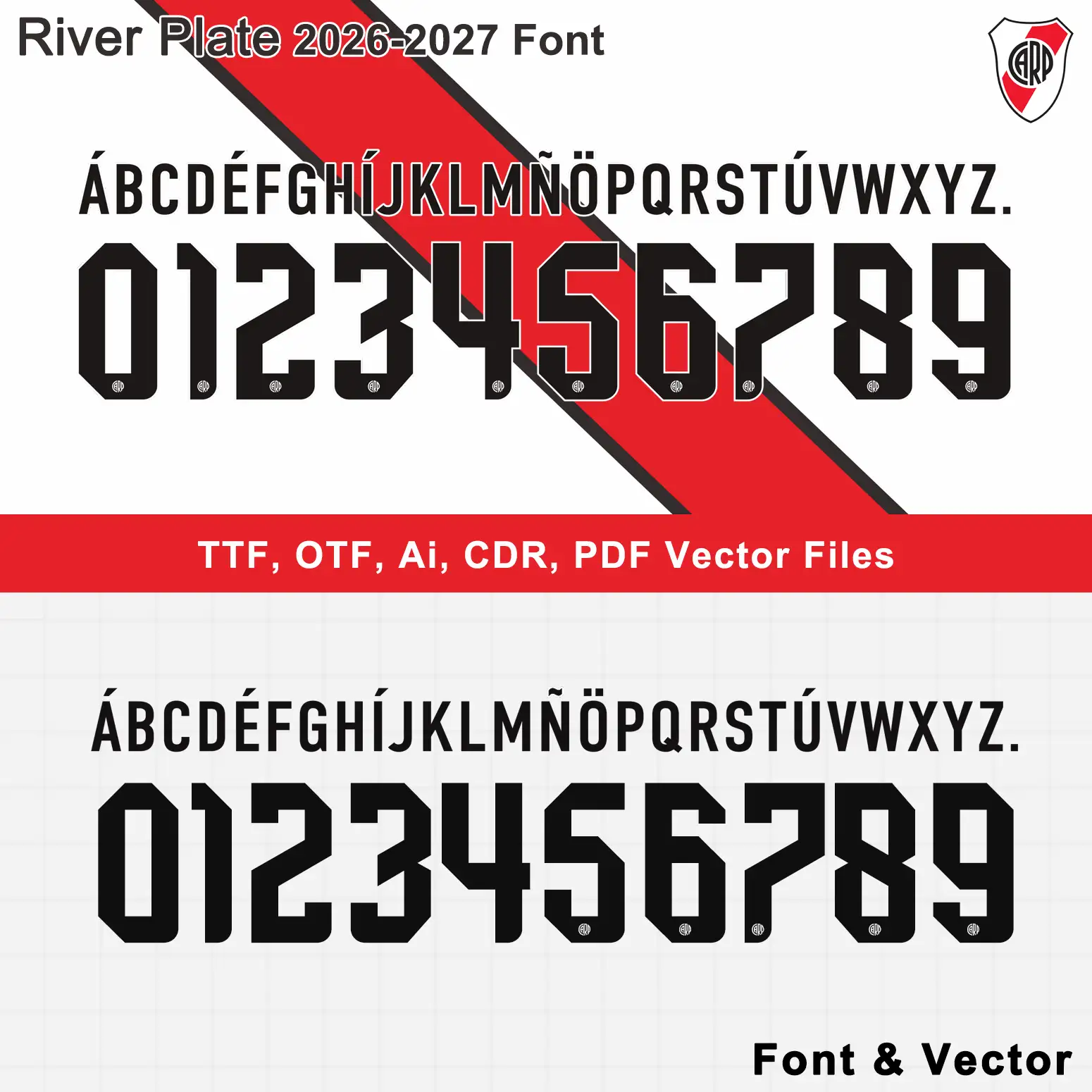 River Plate 2026‑2027 font preview full alphabet numbers TTF OTF AI CDR SVG PDF vector